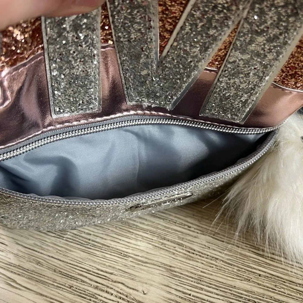 🆕 Justice Silver Glitter Backpack with Pom Pom Charm